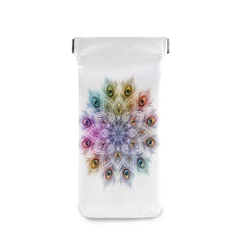 MOYYO Beautiful Peacock Feathers Mandala Eyeglass Pouch Squeeze Top Portable Sunglasses Bag Pouch PU Leather Eyeglass Goggles Case Cosmetic Holders Mulituse for Women Girl