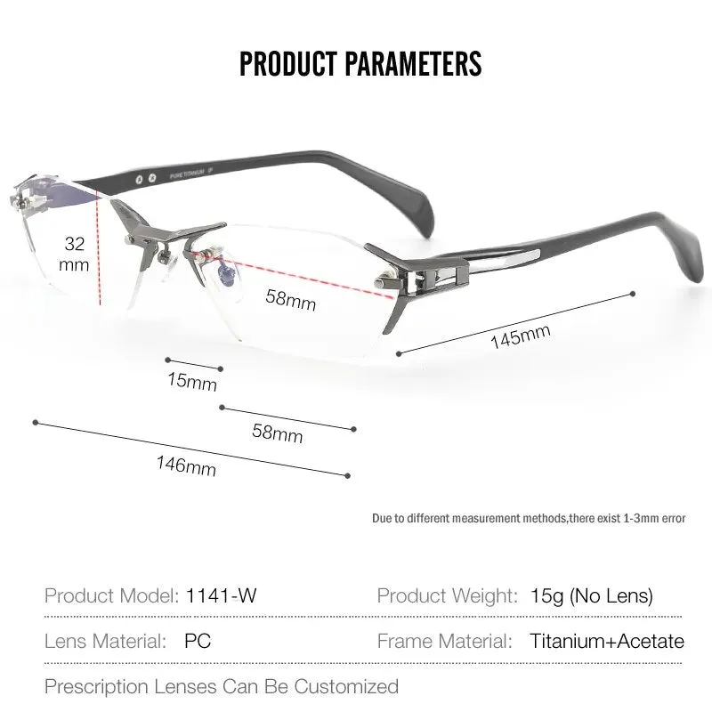 Muzz Men's Rimless Square Titanium Acetate Eyeglasses 1141w