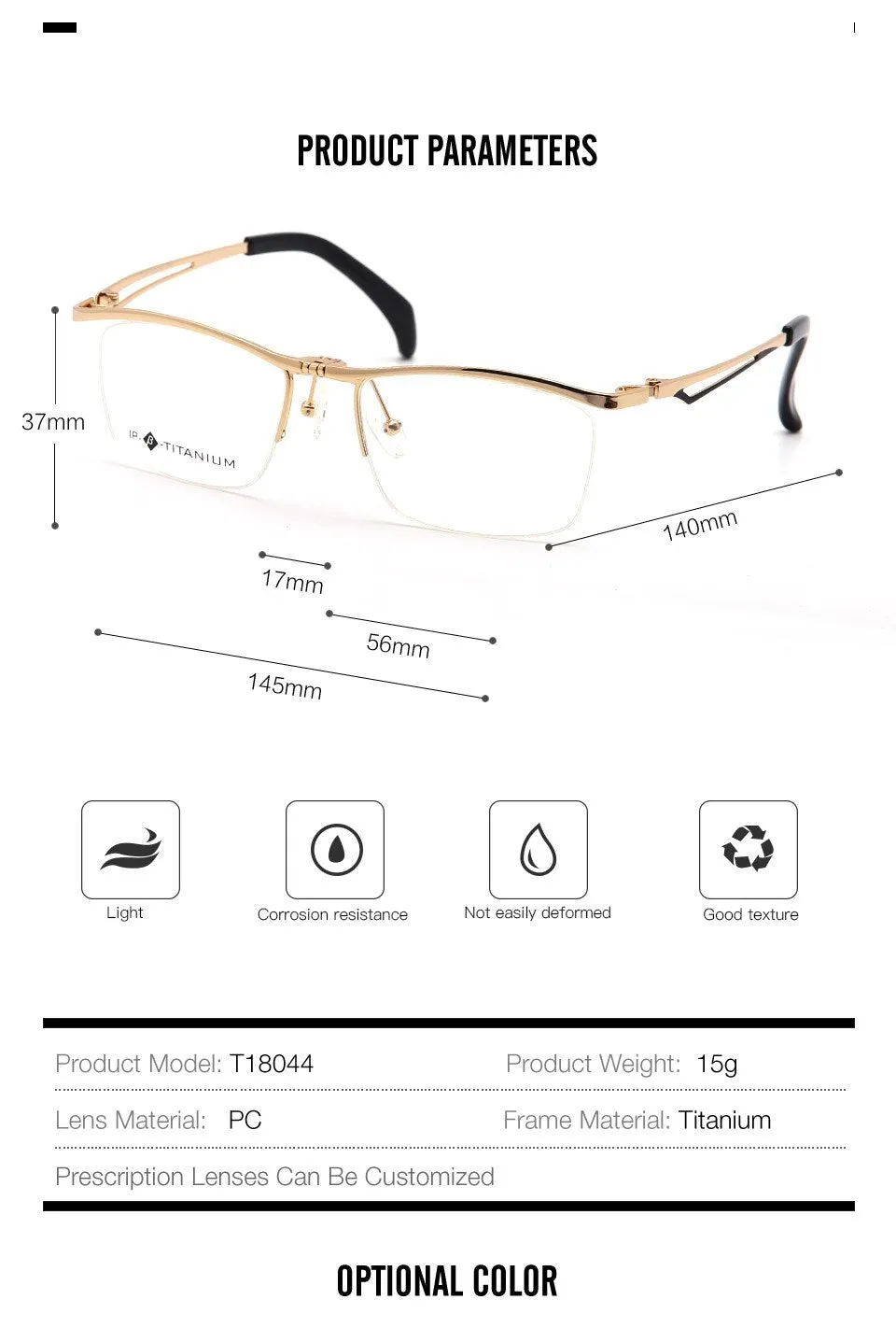Muzz Men's Semi Rim Square Titanium Frame Eyeglasses T18044
