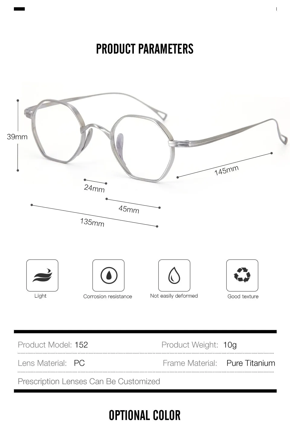 Muzz Unisex Full Rim Polygon Round Titanium Frame Eyeglasses 152