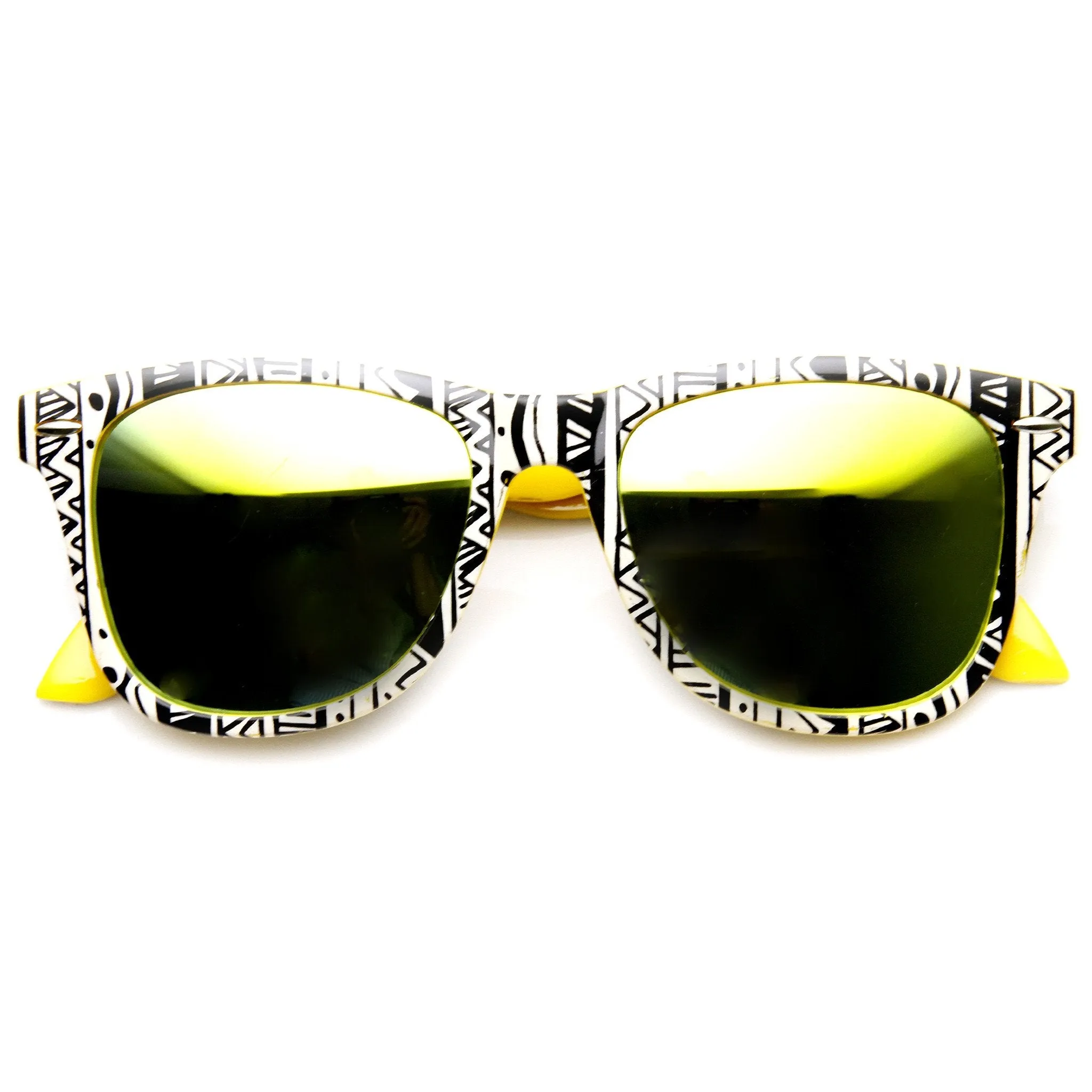 Native Print Two Tone Mirror Lens Horned Rim Sunglasses 9381