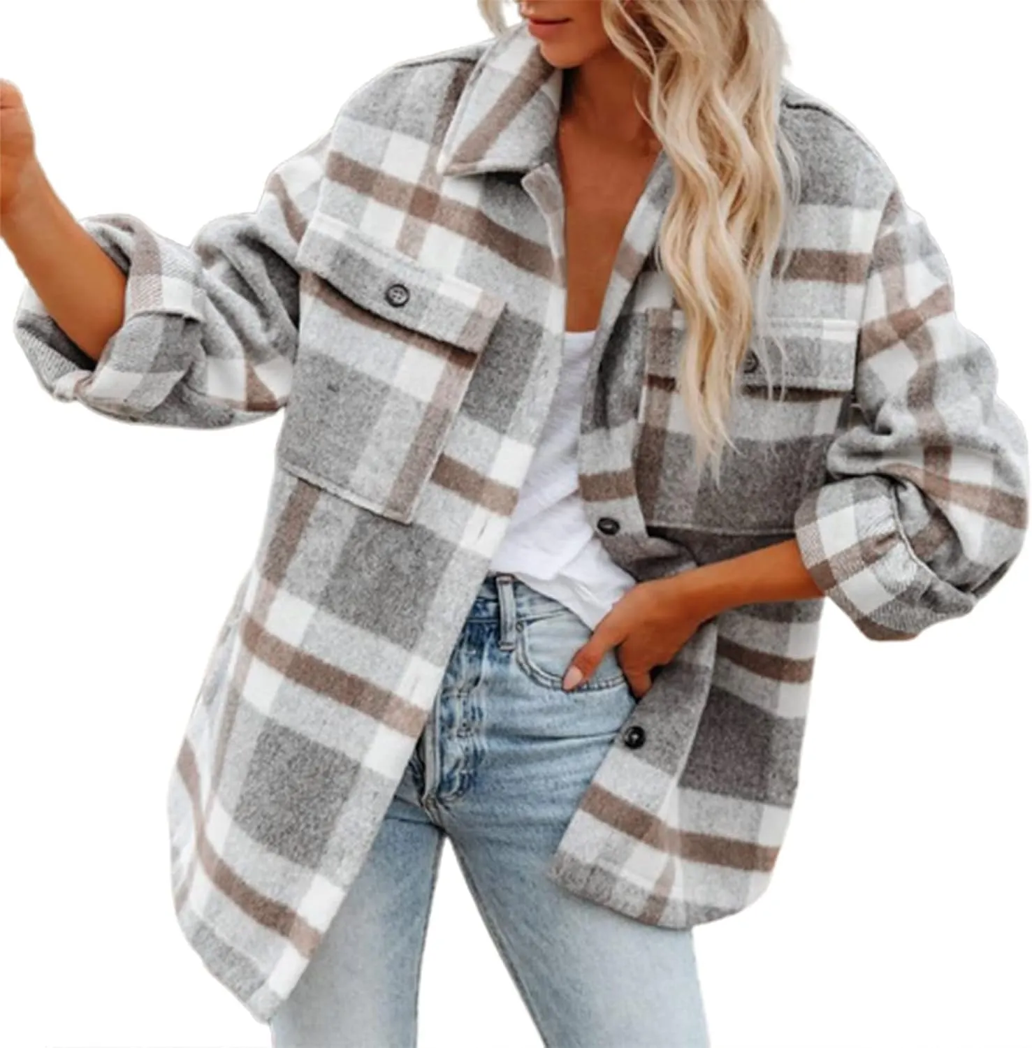 nerohusy Womens Plaid Shacket Jackets Button Down Wool Coat Tops Blend Fall Flannel Shirt Winter Cardigan with Pockets
