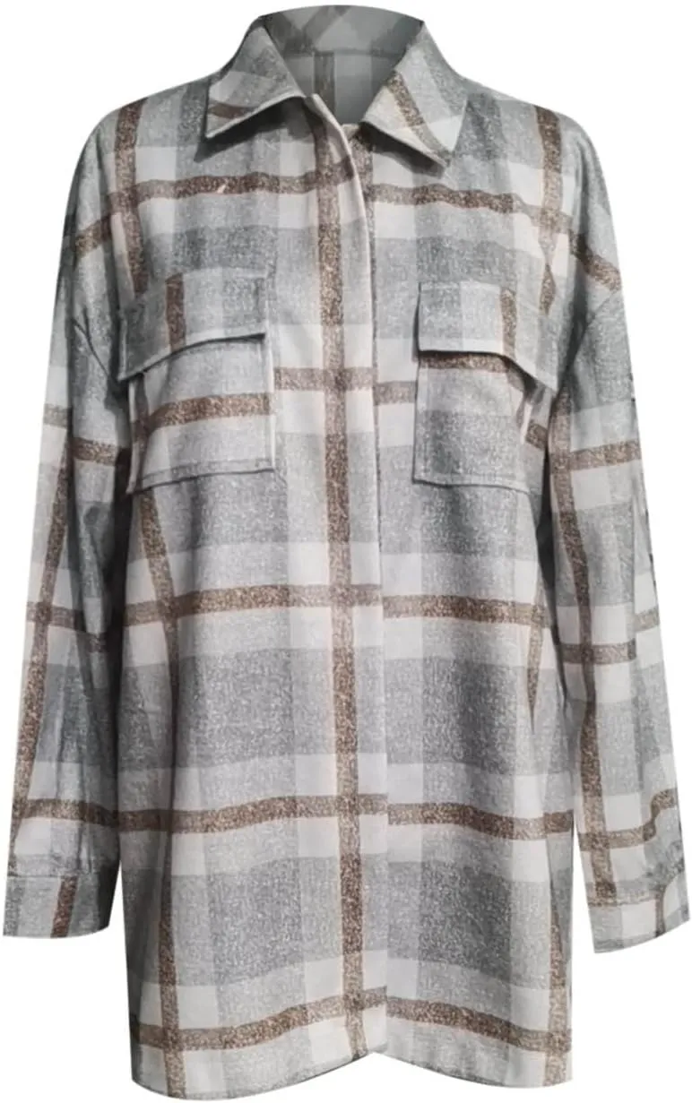 nerohusy Womens Plaid Shacket Jackets Button Down Wool Coat Tops Blend Fall Flannel Shirt Winter Cardigan with Pockets