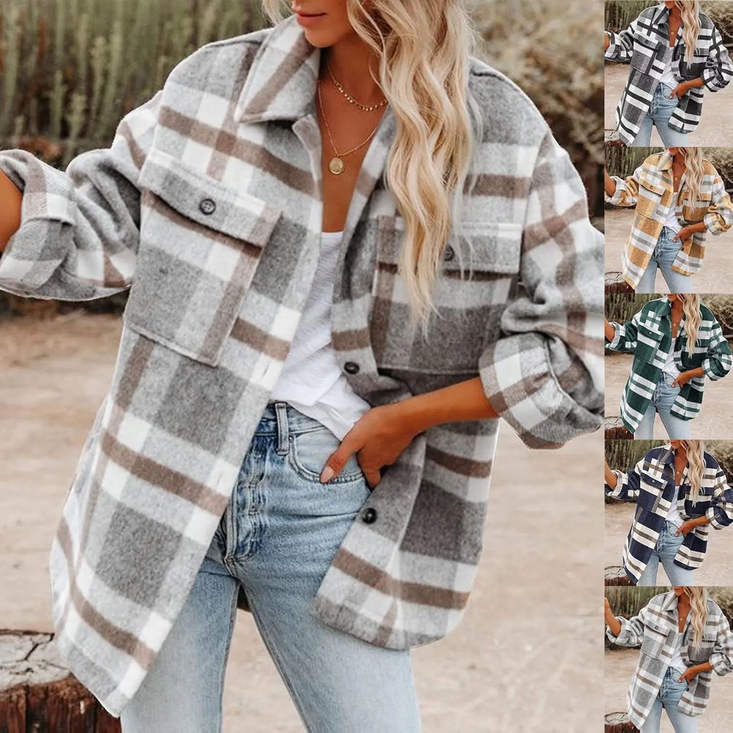 nerohusy Womens Plaid Shacket Jackets Button Down Wool Coat Tops Blend Fall Flannel Shirt Winter Cardigan with Pockets