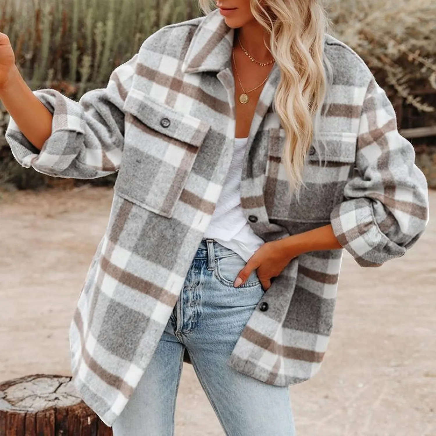 nerohusy Womens Plaid Shacket Jackets Button Down Wool Coat Tops Blend Fall Flannel Shirt Winter Cardigan with Pockets