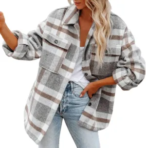 nerohusy Womens Plaid Shacket Jackets Button Down Wool Coat Tops Blend Fall Flannel Shirt Winter Cardigan with Pockets