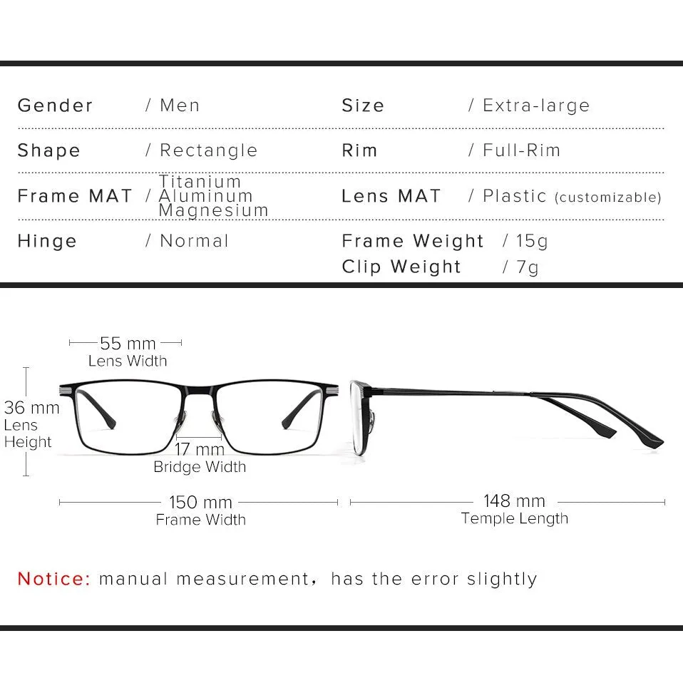 Optical Night Vision Polarized Magnetic Clip -  Glasses for Men Pure Titanium Frame