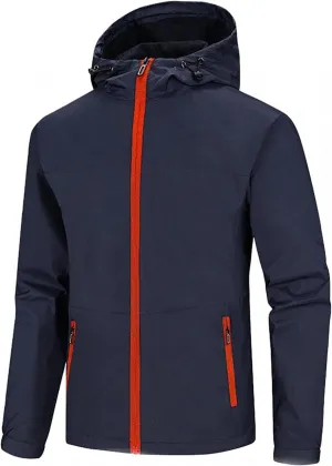 Outdoor Jackets Mens Waterproof Hooded Rain Jacket Lightweight Zipper Raincoat Windproof Snow Coat Trench Coats Softshell Jacket (Color : Blue, Size : X-Large)