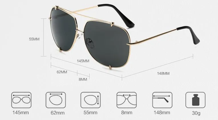 Oversized Pilot Sunglasses UV400 Unisex Fashion,  Retro Designer Big Frame Sun Glasses - 6 Colors