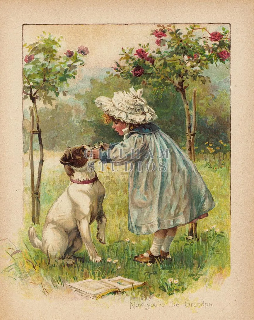 Painting of little girl putting eyeglasses on dog