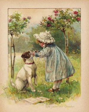 Painting of little girl putting eyeglasses on dog