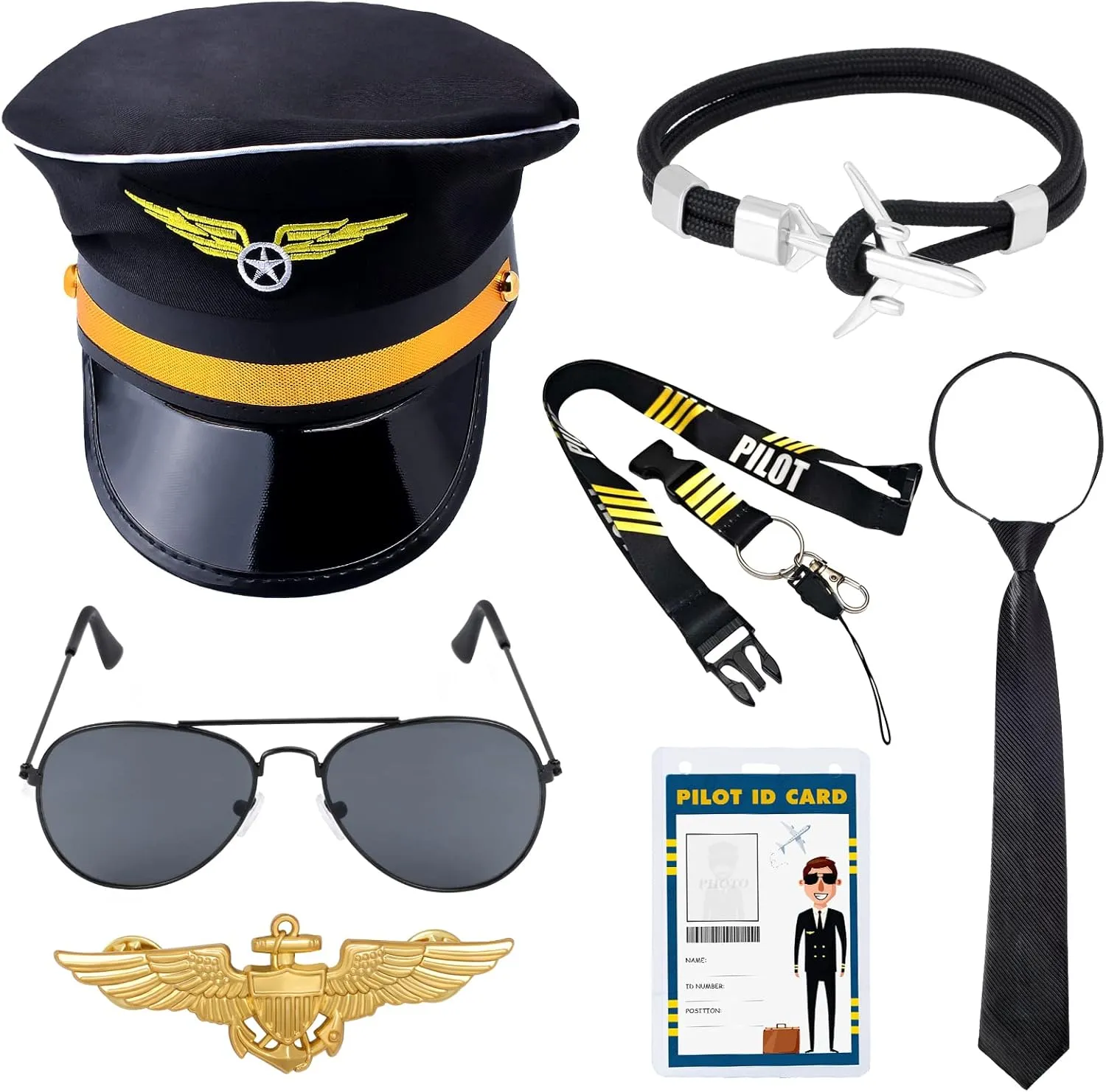 Pilot Costume Kit with Hat Aviator Sunglasses Tie Pin for Men Aviation Halloween Dress Up Accessories Set