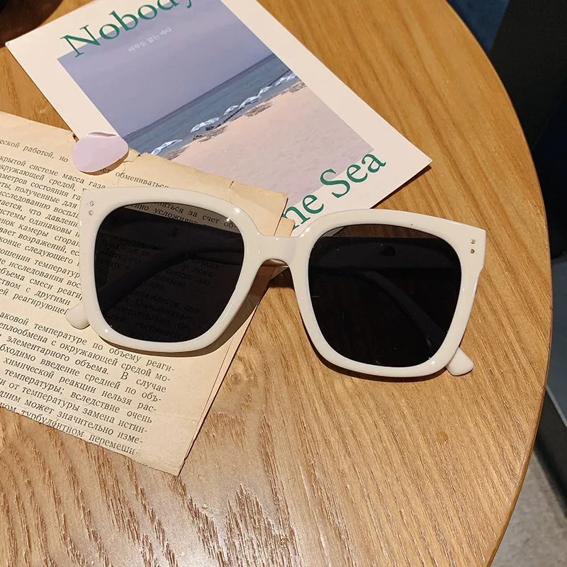 Plain Square Ins round Face Beige Female Street Shot Sunglasses