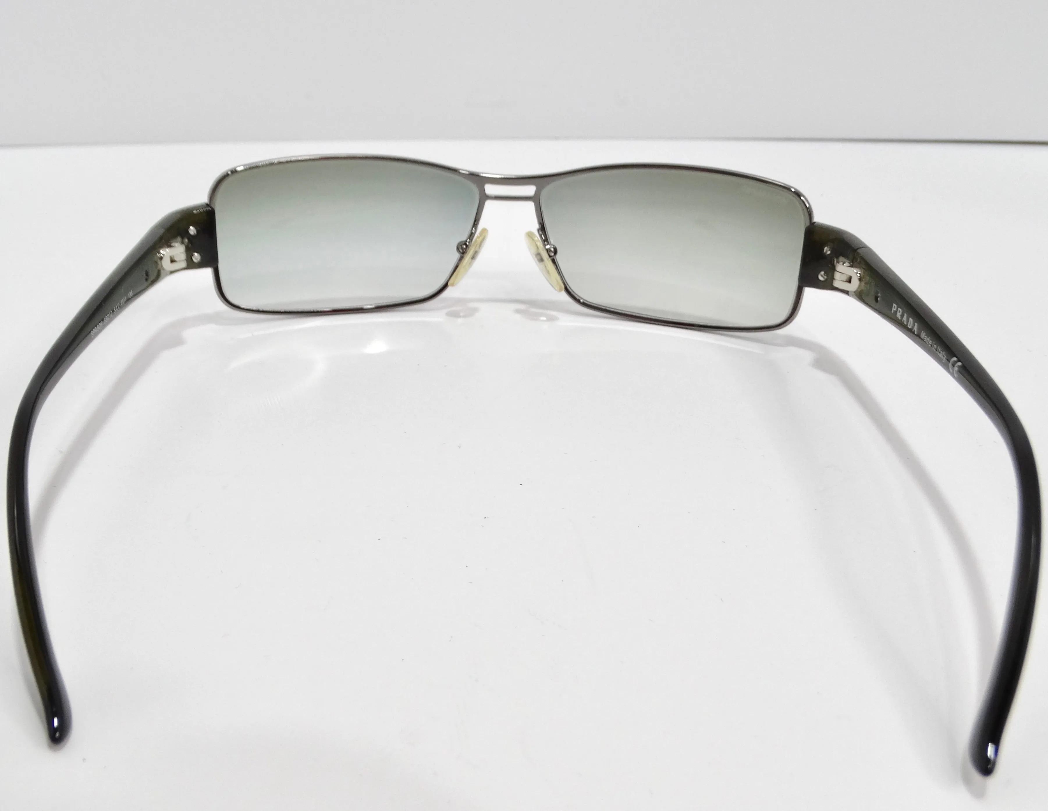 Prada 1990s Silver Tone Green Rectangular Sunglasses