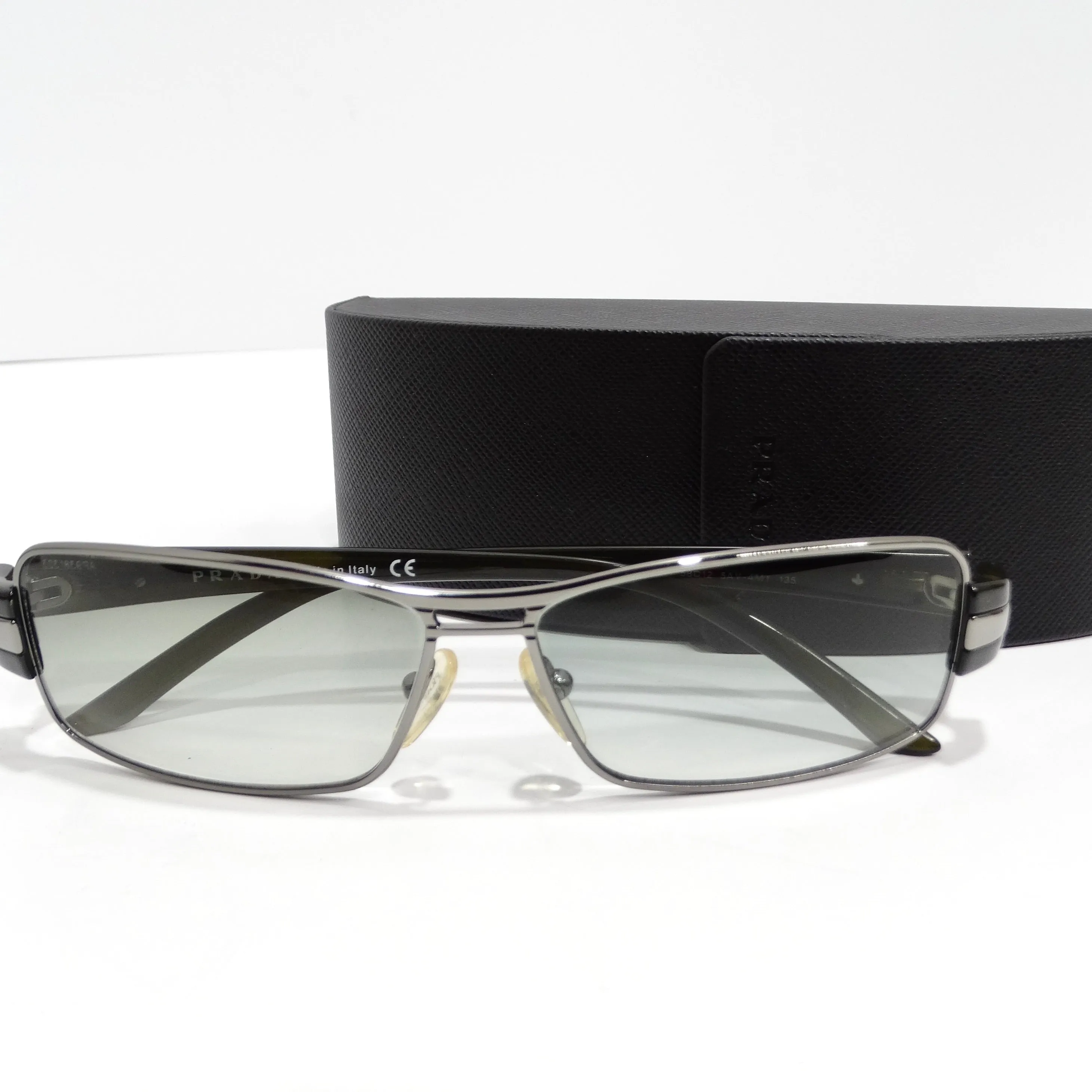 Prada 1990s Silver Tone Green Rectangular Sunglasses