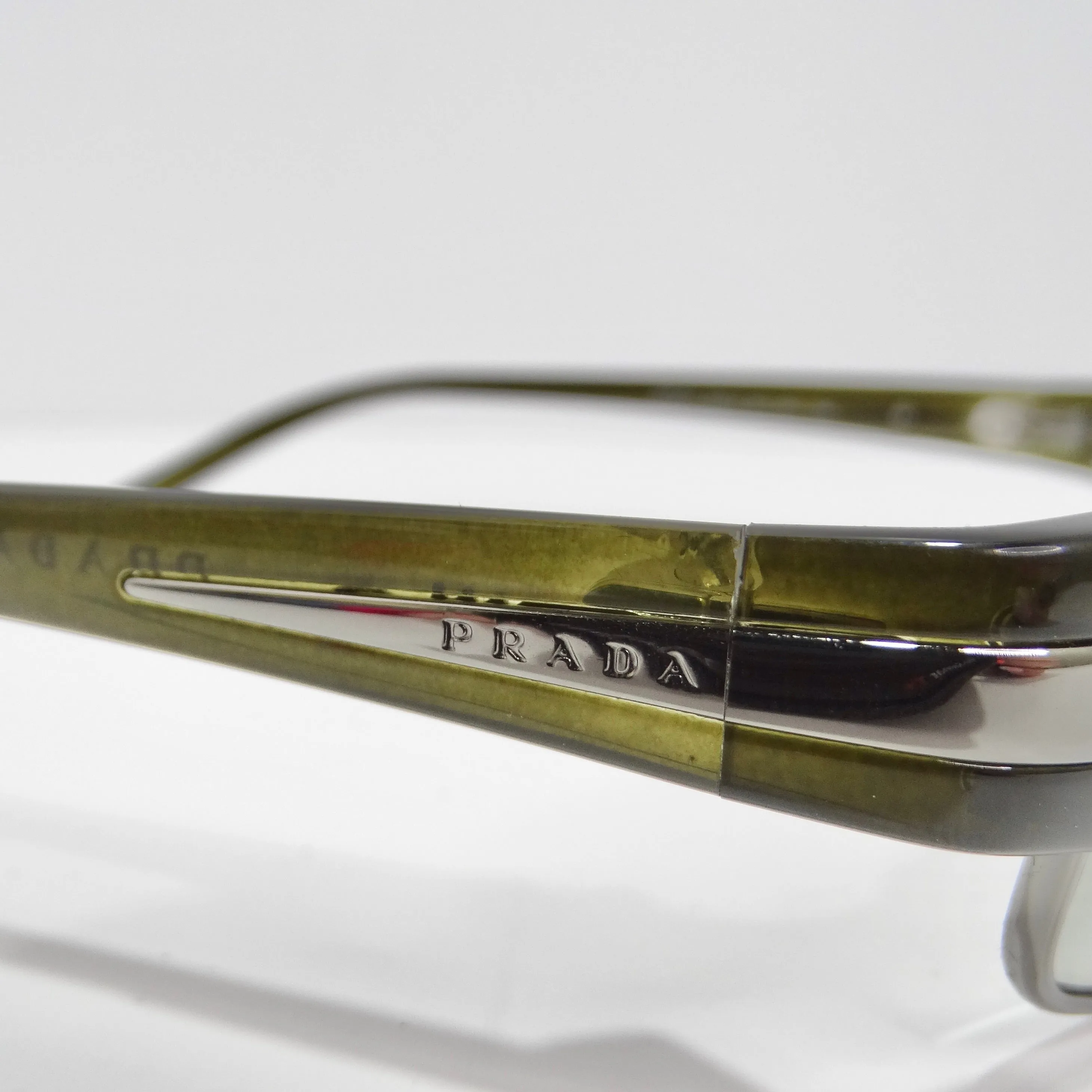 Prada 1990s Silver Tone Green Rectangular Sunglasses