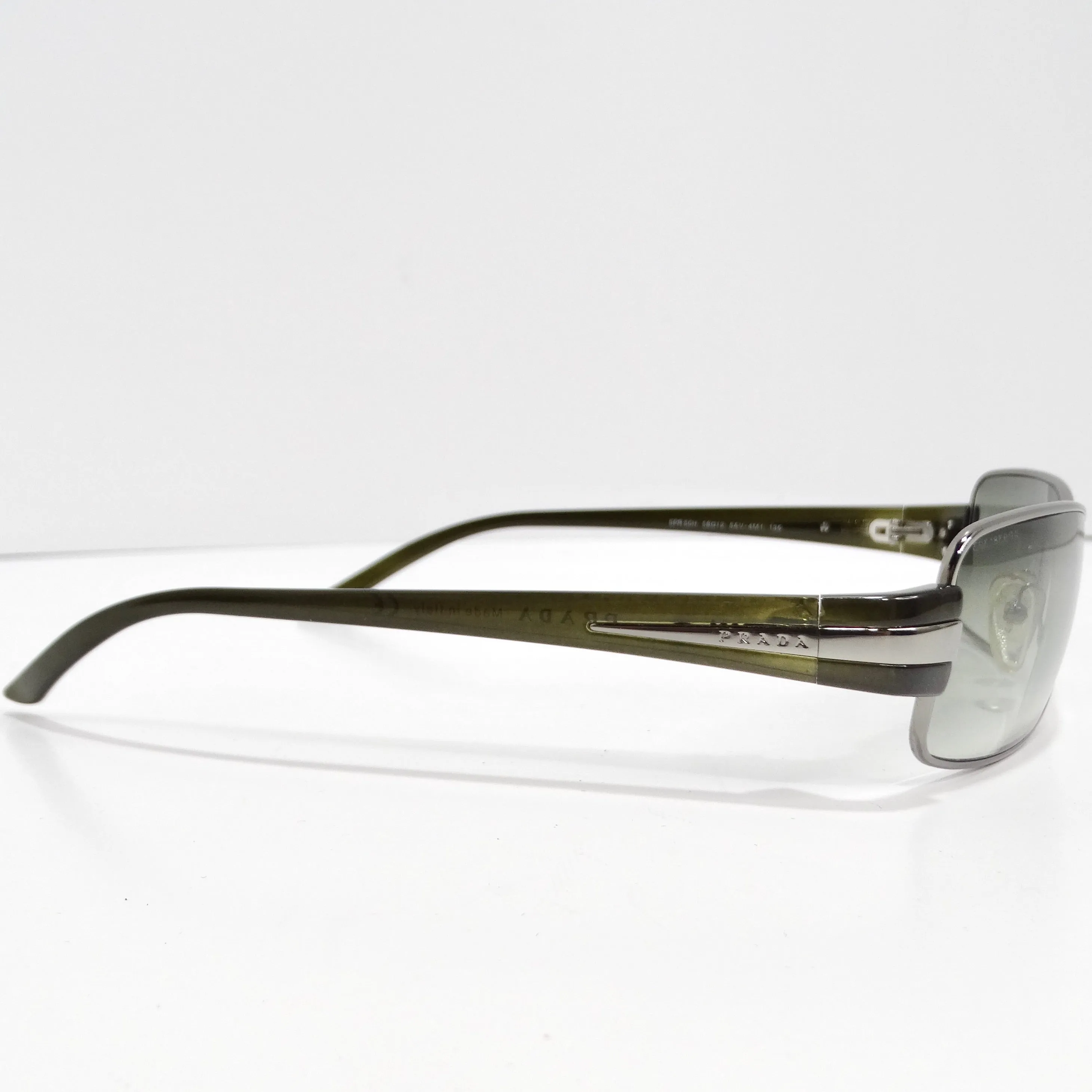 Prada 1990s Silver Tone Green Rectangular Sunglasses