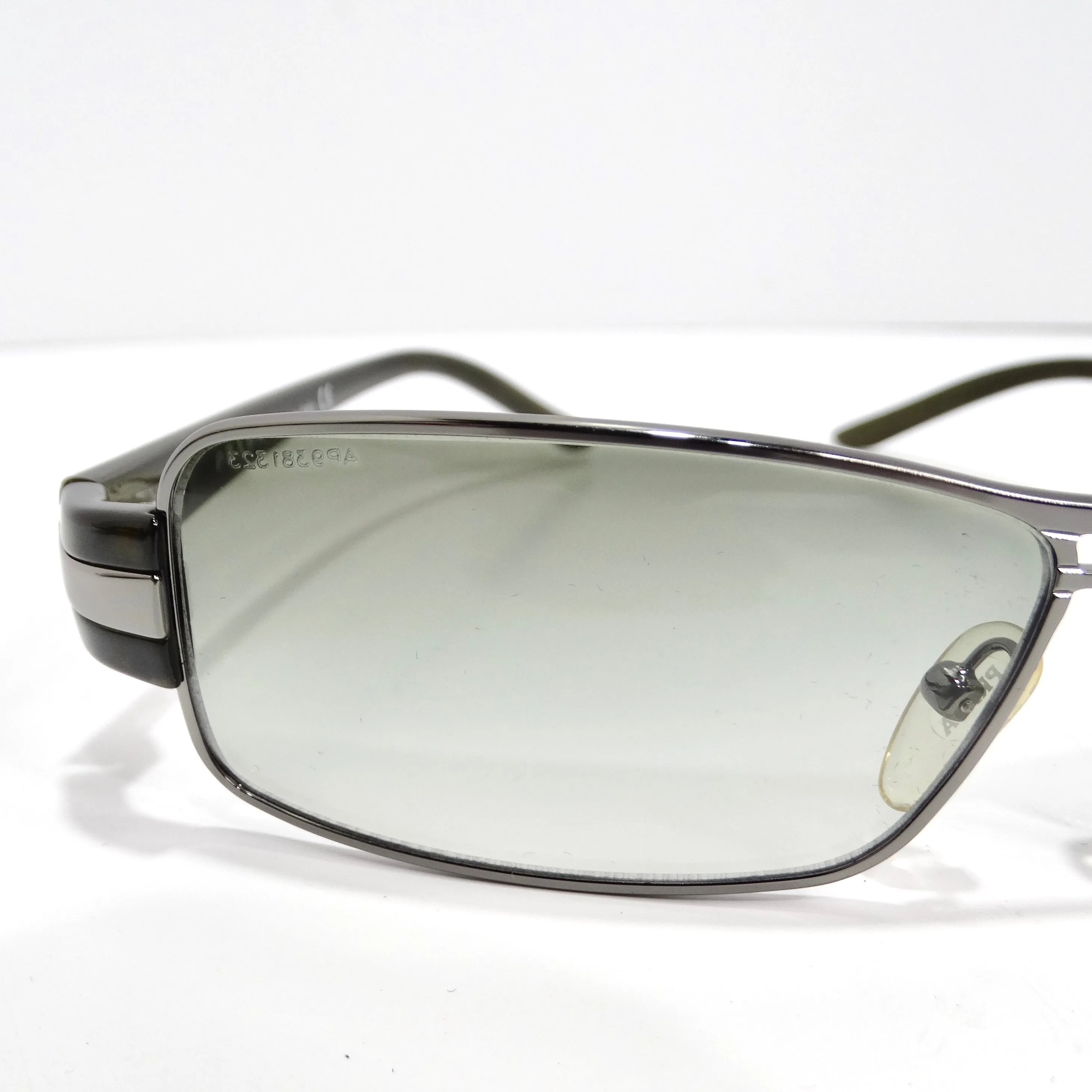 Prada 1990s Silver Tone Green Rectangular Sunglasses