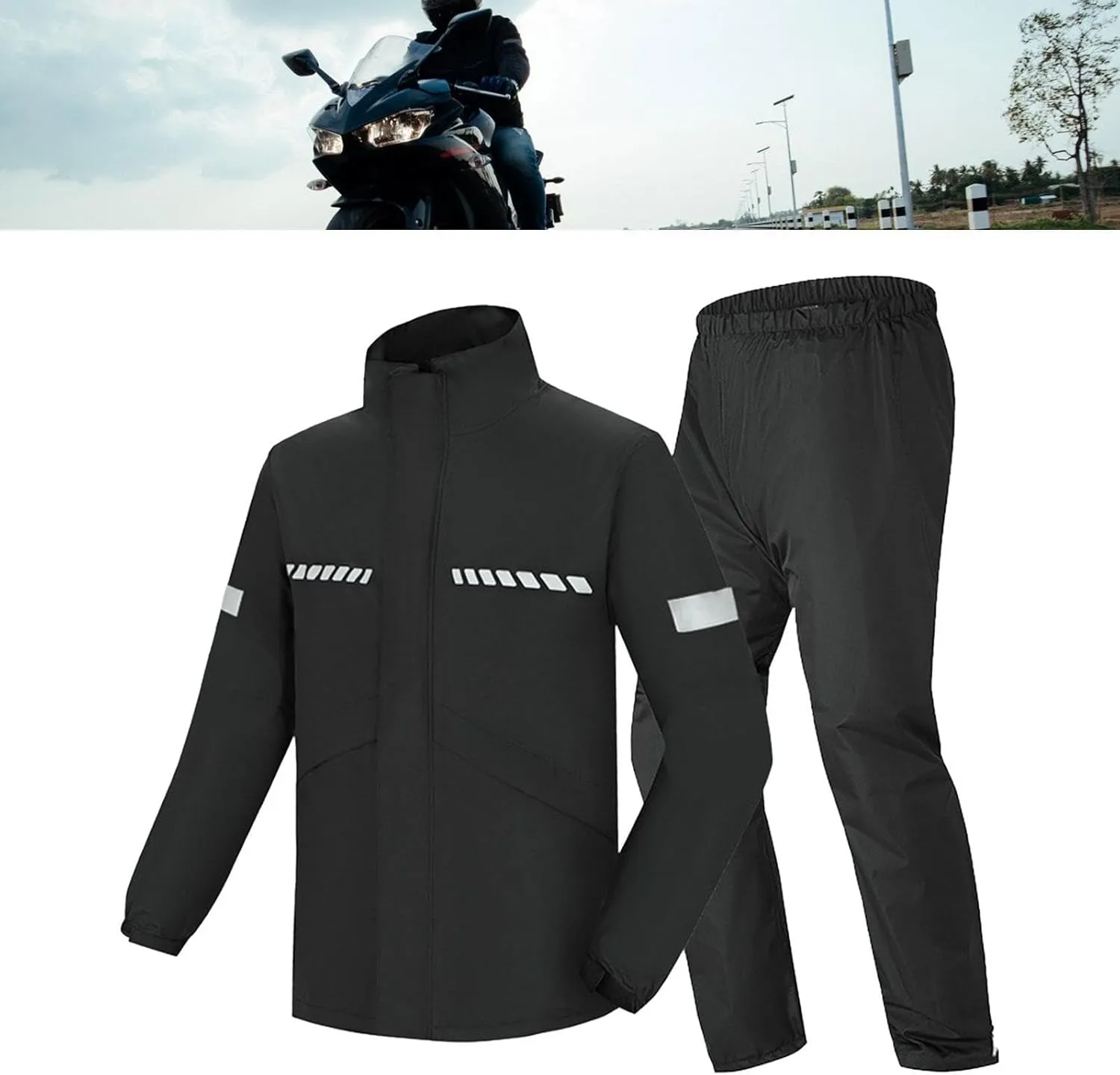 Rain Suit for Men Lightweight Reflective Strip Rain Coat for Motorcycle Trekking