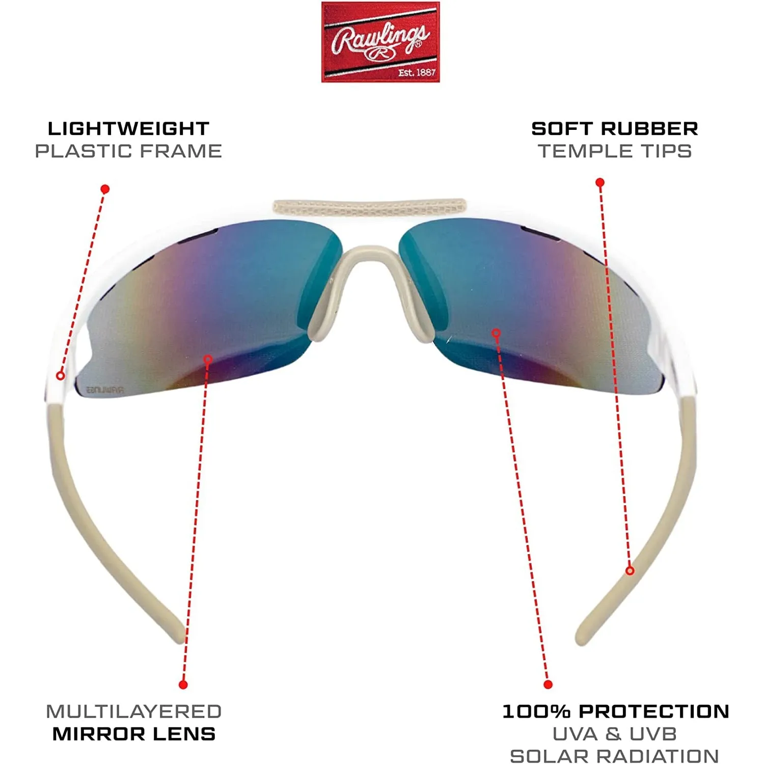 Rawlings Adult Shield Baseball Sunglasses Lightweight Sports Sun Glasses for Running, Softball, Rowing, Cycling (White/Gray)