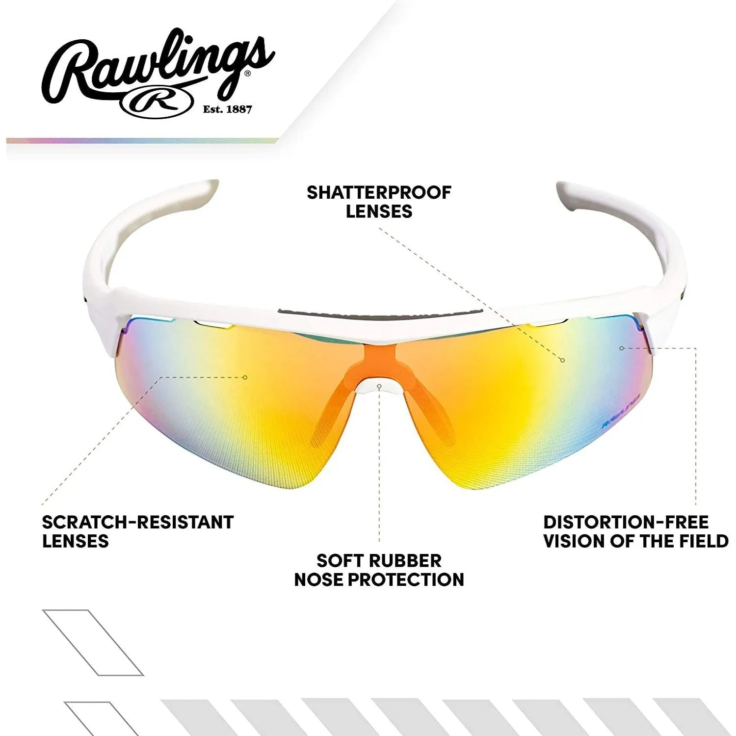 Rawlings Adult Shield Baseball Sunglasses Lightweight Sports Sun Glasses for Running, Softball, Rowing, Cycling (White/Gray)