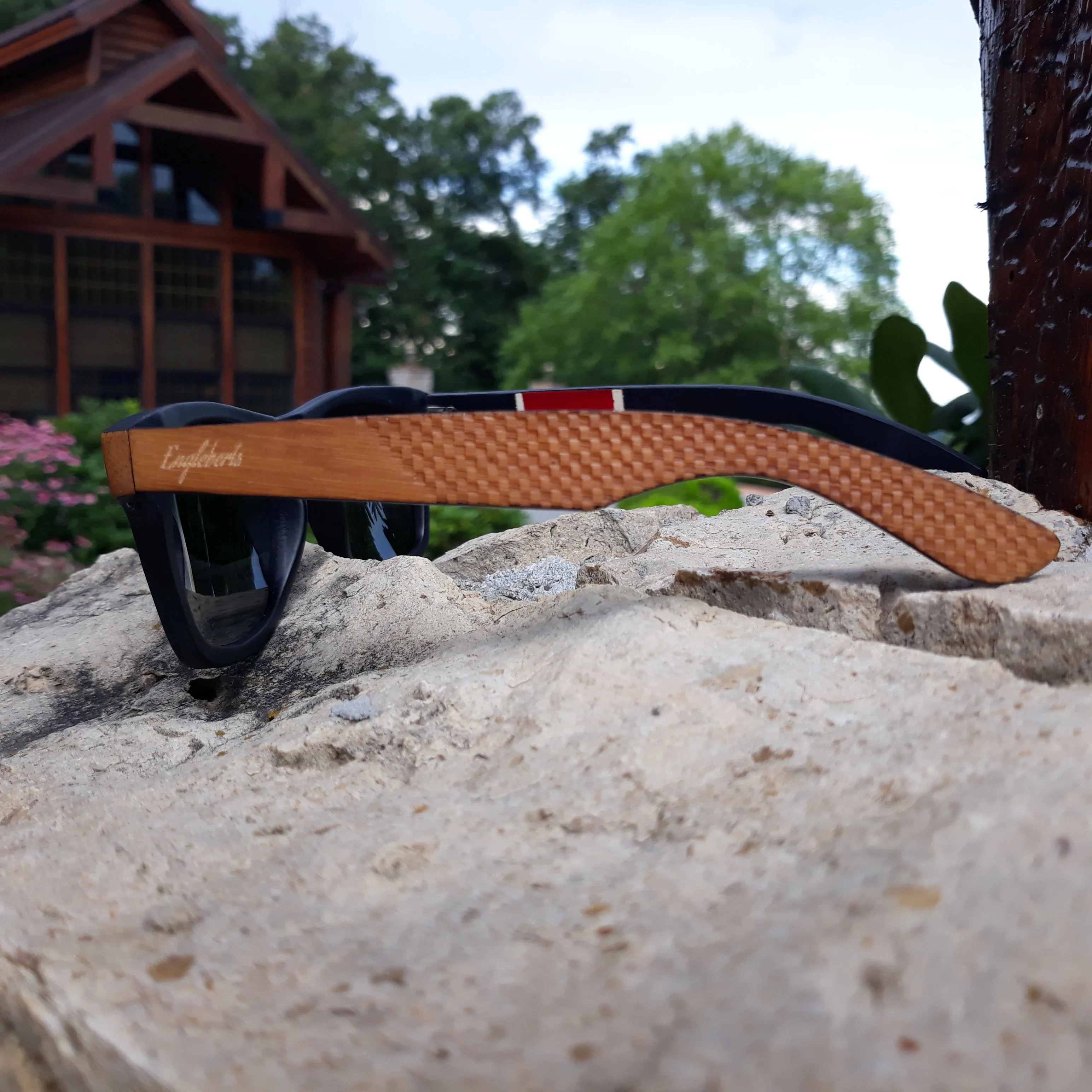Red Stripe Two Tone Sunglasses, Engraved and Polarized