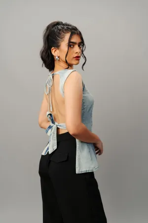Retro Back Tie Up Denim Top