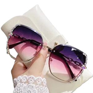 Rhinestone Decor Rimless Fashion Sunglasses For Women Men Casual Gradient Glasses For Summer Beach Party, UV400
