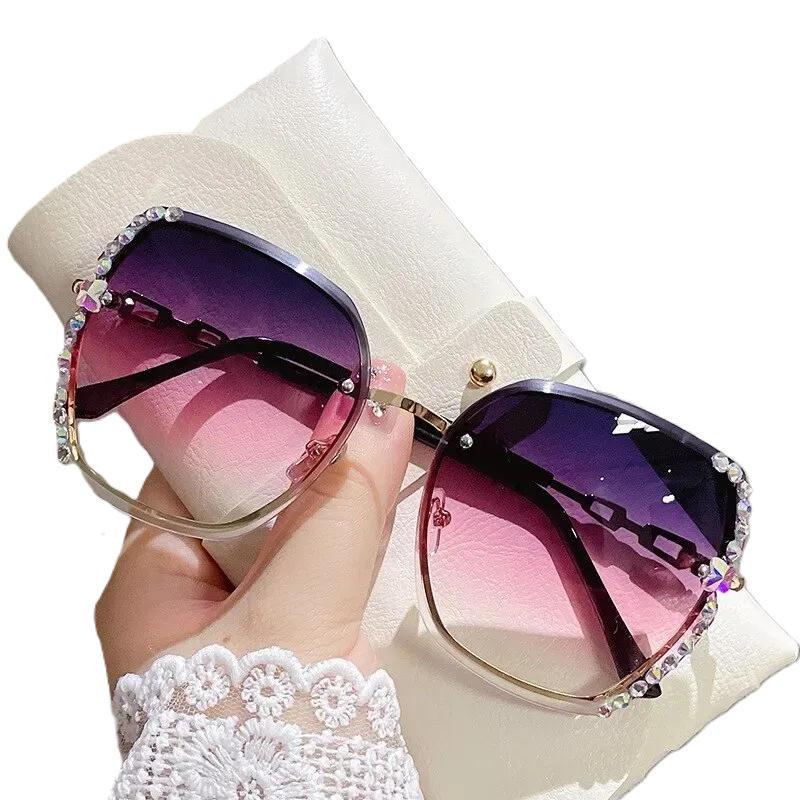 Rhinestone Decor Rimless Fashion Sunglasses For Women Men Casual Gradient Glasses For Summer Beach Party, UV400