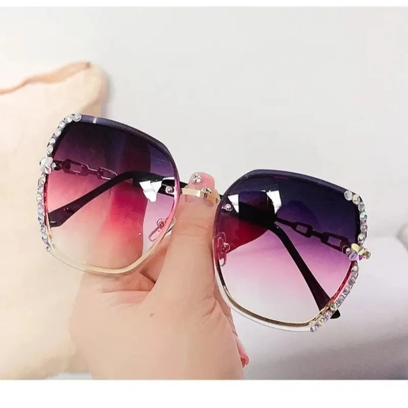 Rhinestone Decor Rimless Fashion Sunglasses For Women Men Casual Gradient Glasses For Summer Beach Party, UV400