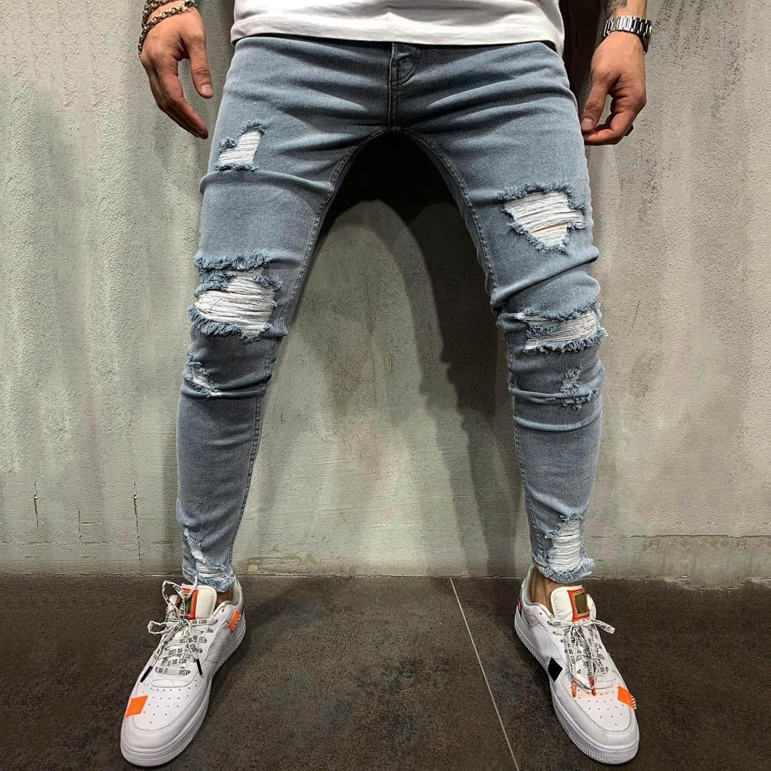 Ripped Jeans for Men Slim Denim Regular Fit Distressed Destroyed Pants Jeans with Hole High Waist Skinny Jeans Denim Pants