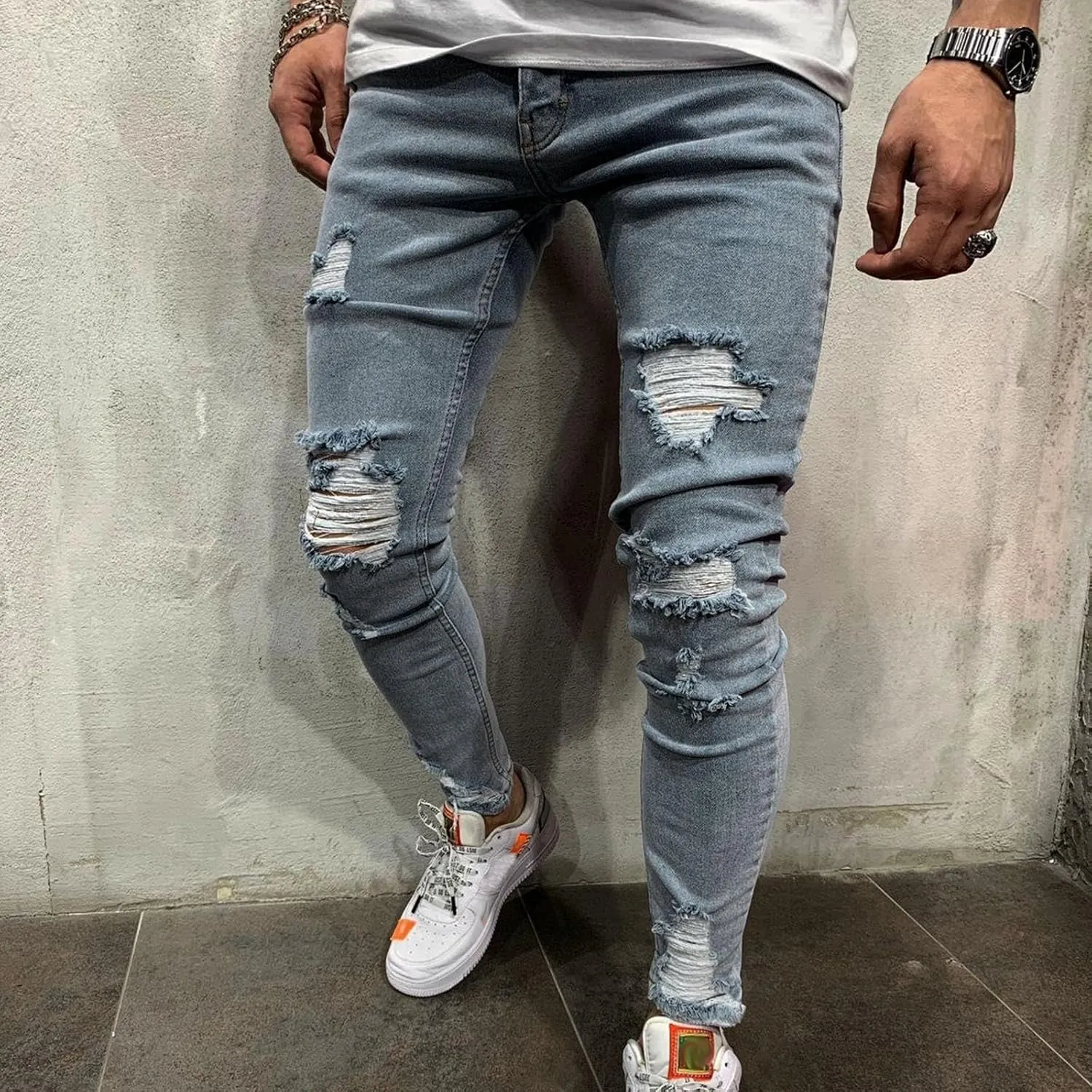Ripped Jeans for Men Slim Denim Regular Fit Distressed Destroyed Pants Jeans with Hole High Waist Skinny Jeans Denim Pants