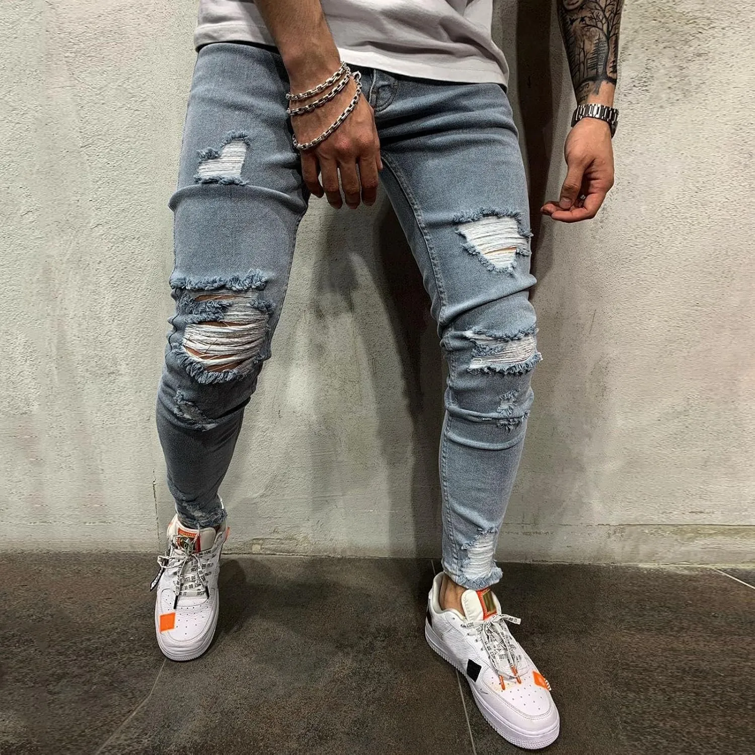 Ripped Jeans for Men Slim Denim Regular Fit Distressed Destroyed Pants Jeans with Hole High Waist Skinny Jeans Denim Pants