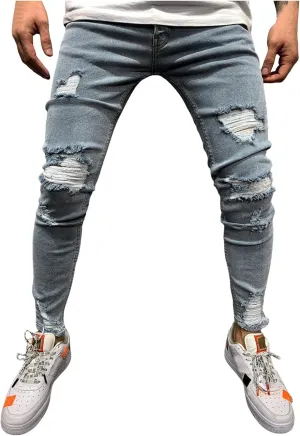 Ripped Jeans for Men Slim Denim Regular Fit Distressed Destroyed Pants Jeans with Hole High Waist Skinny Jeans Denim Pants