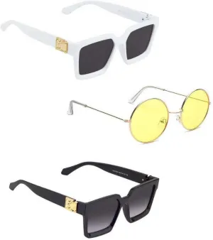 RMKK Retro Square, Round Sunglasses (For Men & Women, Black, Yellow, Black)