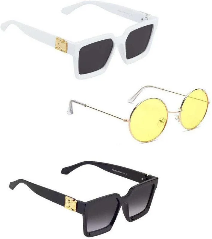 RMKK Retro Square, Round Sunglasses (For Men & Women, Black, Yellow, Black)