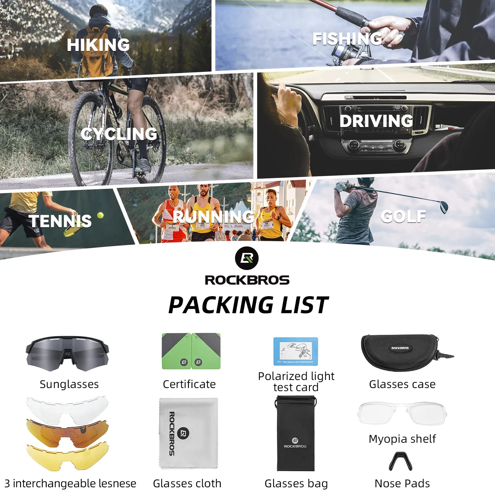ROCKBROS Polarized Cycling Glasses with 4 Interchangeable Lenses