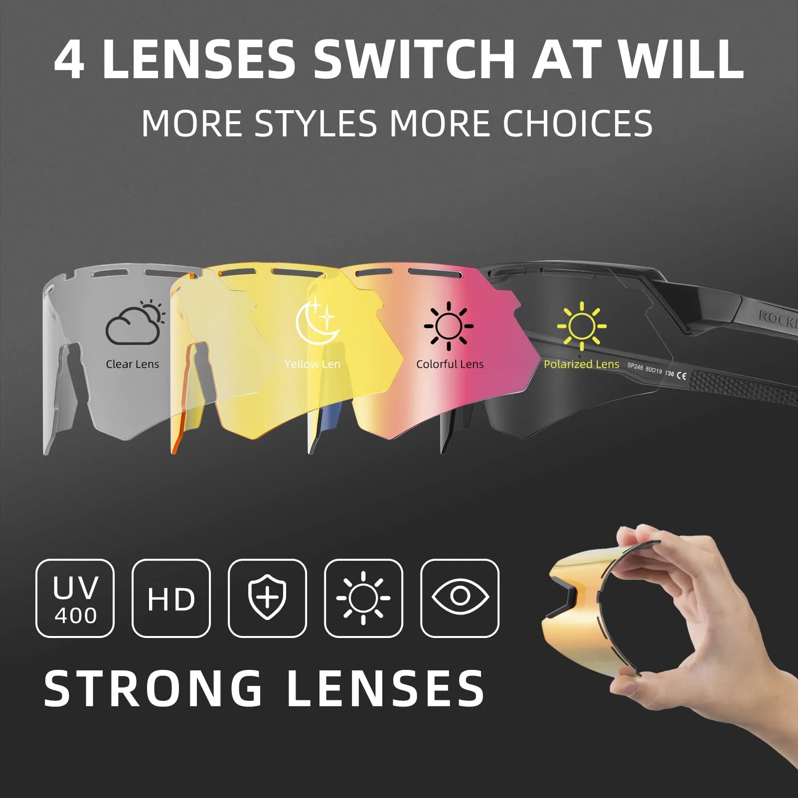 ROCKBROS Polarized Cycling Glasses with 4 Interchangeable Lenses
