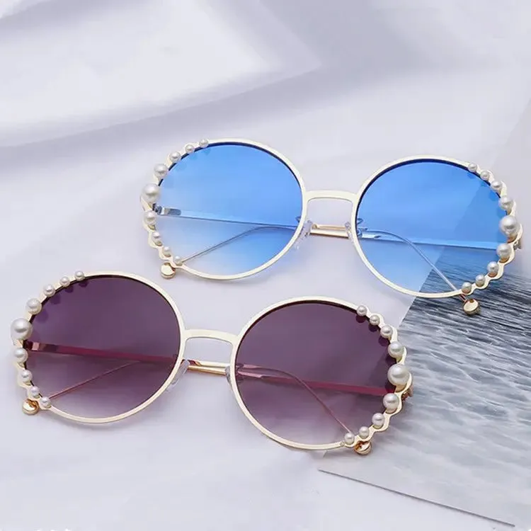Round Frame Pearl Sunglasses with UV400 Protection and Metal Frame