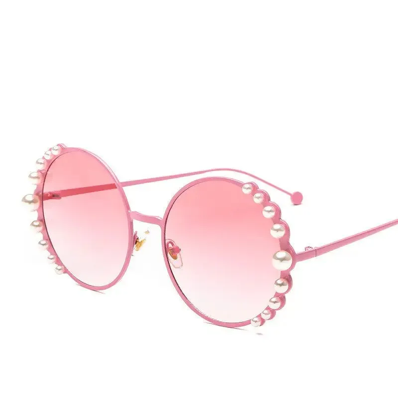 Round Frame Pearl Sunglasses with UV400 Protection and Metal Frame