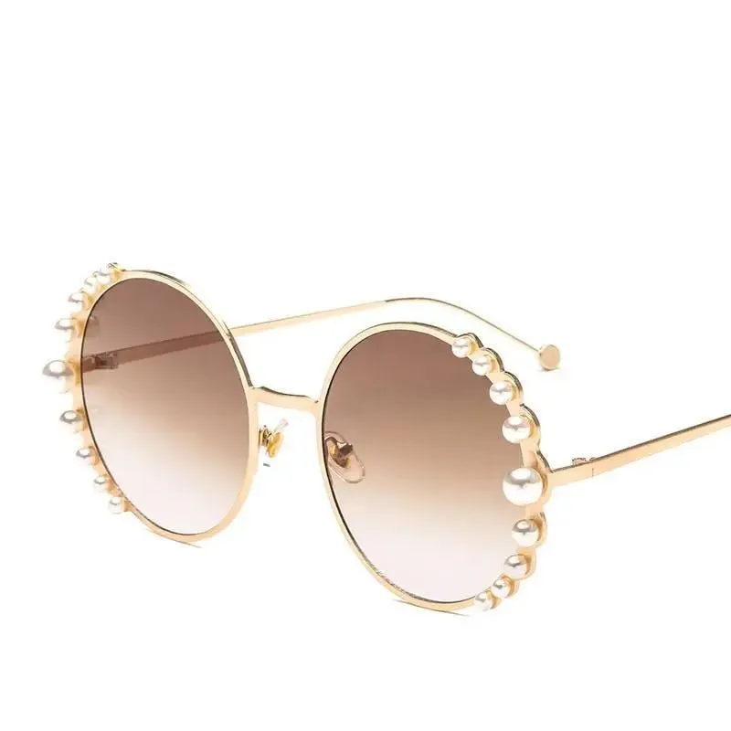Round Frame Pearl Sunglasses with UV400 Protection and Metal Frame
