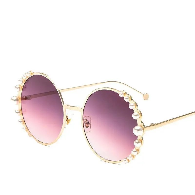 Round Frame Pearl Sunglasses with UV400 Protection and Metal Frame