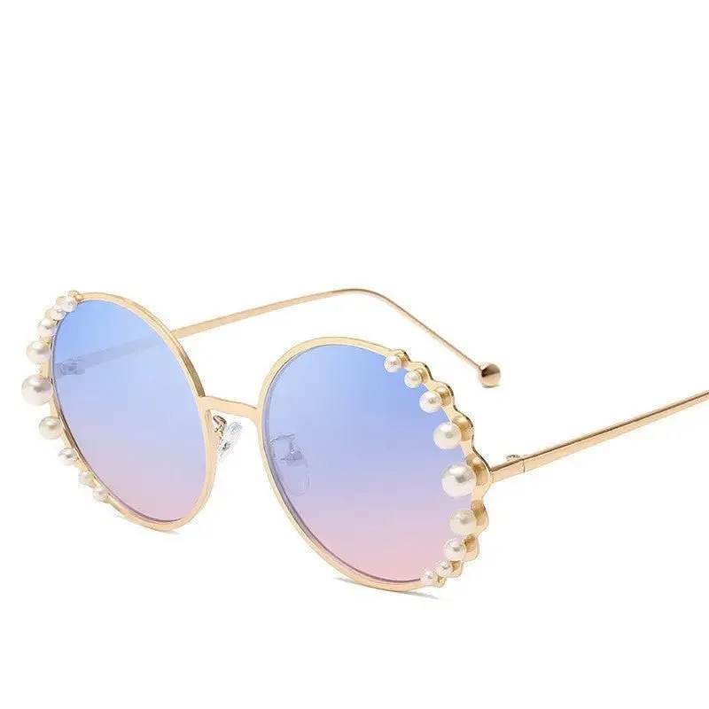 Round Frame Pearl Sunglasses with UV400 Protection and Metal Frame