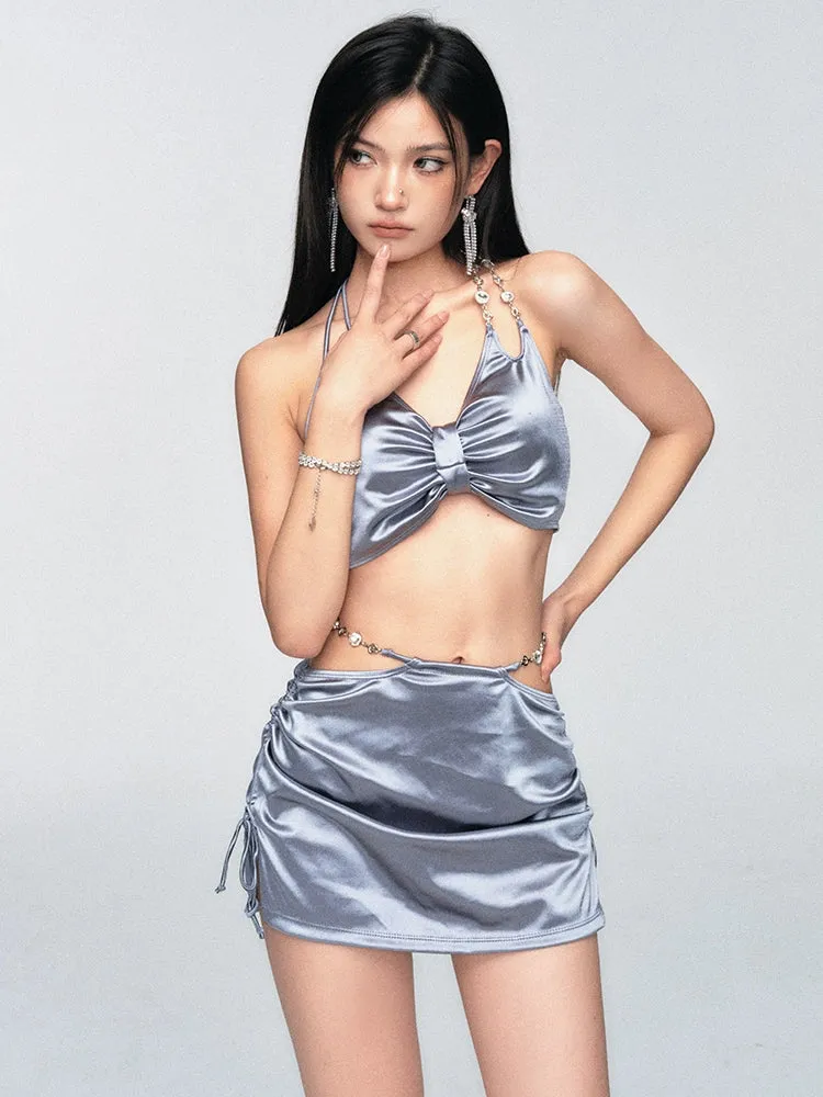 Satin-Finish Halter Neck Bikini Top and Sarong Set