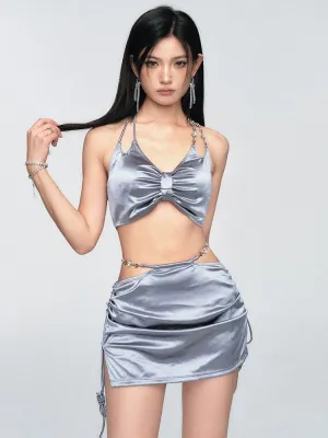 Satin-Finish Halter Neck Bikini Top and Sarong Set