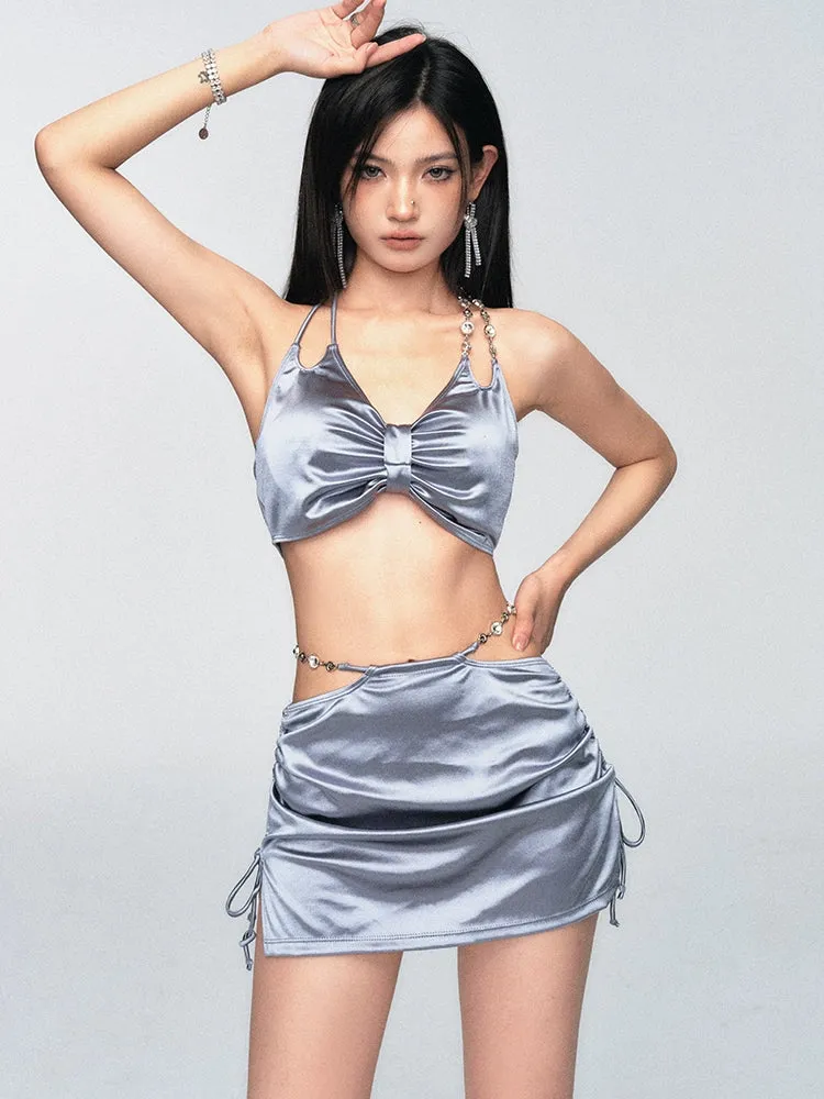 Satin-Finish Halter Neck Bikini Top and Sarong Set