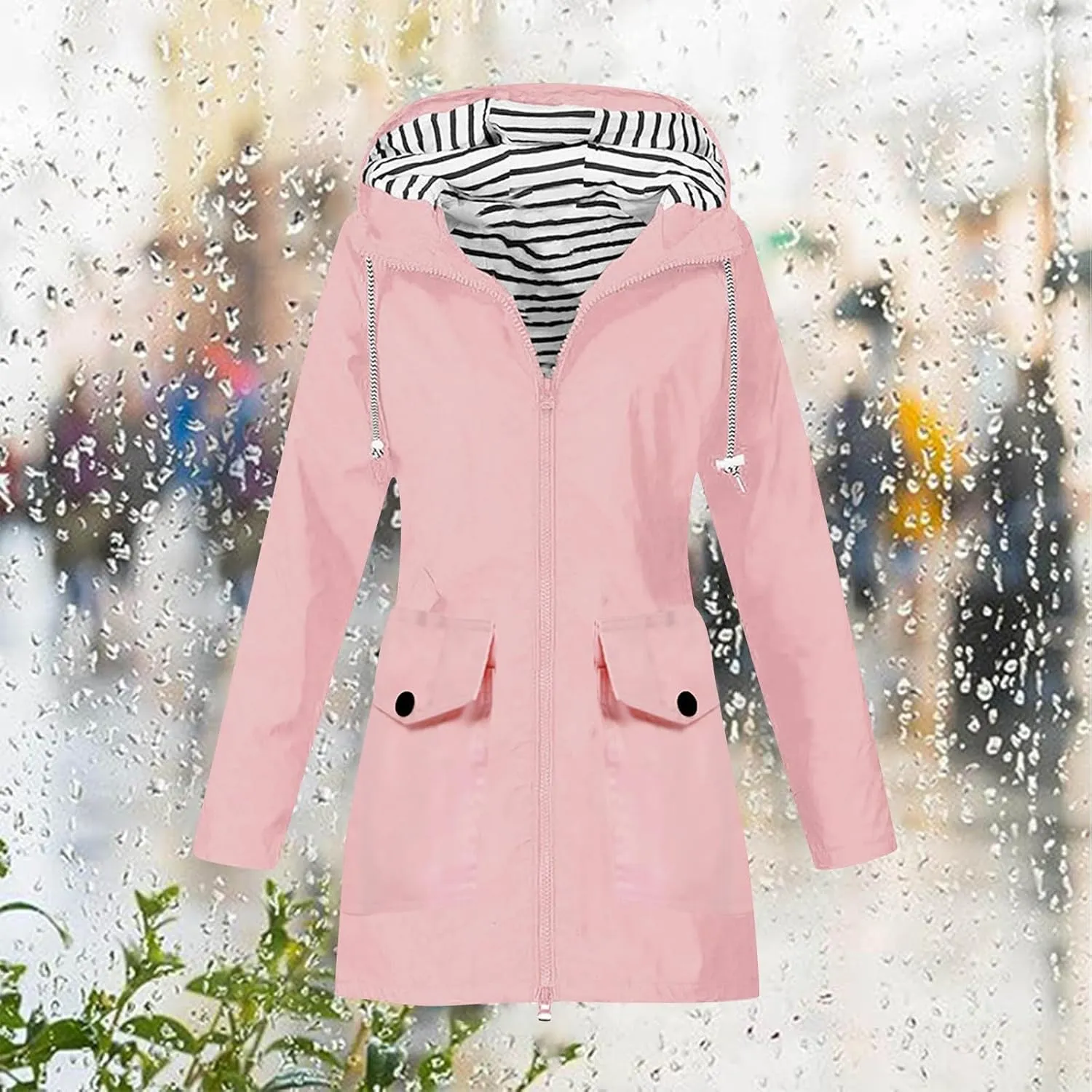 sdbrld Rain Jacket Women Fall Lightweight Waterproof Raincoat Womens Hooded Outdoor Trench Coats Solid Casual Windbreaker