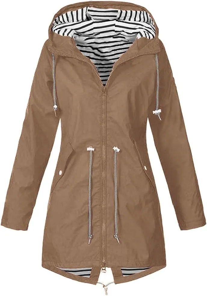 sdbrld Raincoat for Women Waterproof with Hood 2024 Trendy Packable Long Hooded Trench Coats Solid Windbreaker Travel Jacket