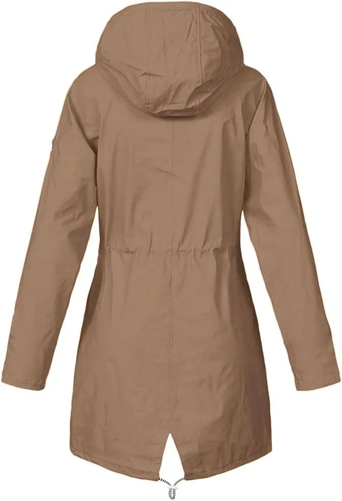 sdbrld Raincoat for Women Waterproof with Hood 2024 Trendy Packable Long Hooded Trench Coats Solid Windbreaker Travel Jacket