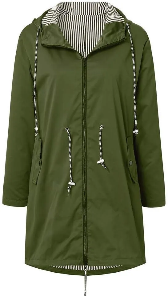 sdbrld Raincoat for Women Waterproof with Hood 2024 Trendy Packable Long Hooded Trench Coats Solid Windbreaker Travel Jacket